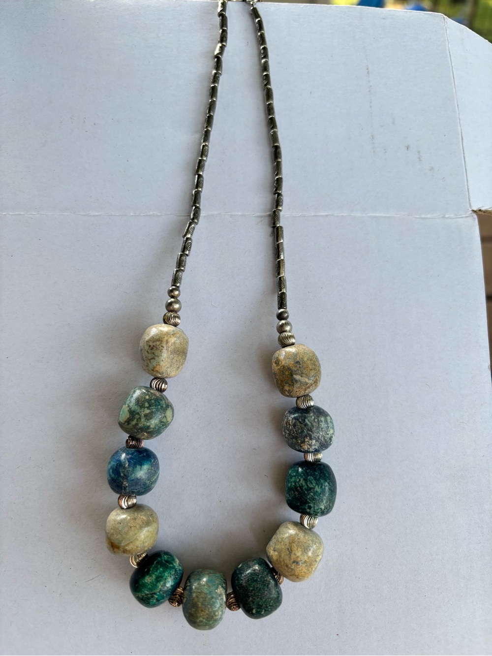 Natural Green & Beige Stone Bead Necklace — Earthy Beaded Pendant